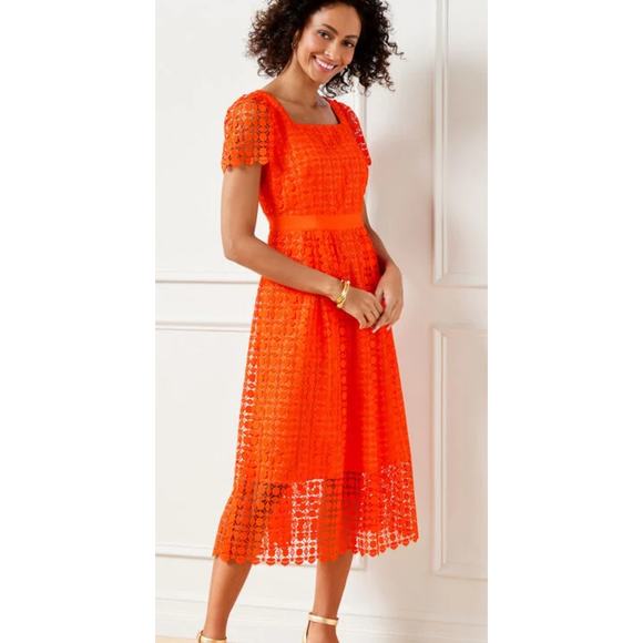 Talbots Lace Fit & Flare Dress orange pockets short sleeve square neckline 12p - Picture 3 of 8